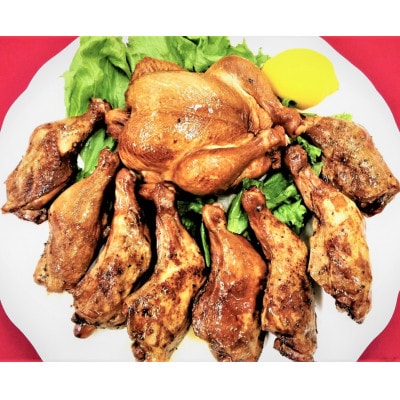 【クリスマス限定12月中頃発送】鶏丸焼きスモーク1羽(約800g)と骨付きモモスモーク2本x4袋
