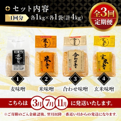 【発送月固定定期便】味噌詰合せ(4種×各1kg)麦みそ 合わせみそ 玄米みそ 米みそ全3回