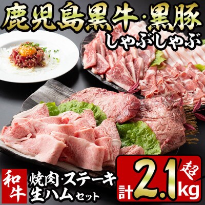 鹿児島黒牛・黒豚のしゃぶしゃぶと和牛焼肉・ステーキと生ハムの贅沢セット(6種・計約2.1kg)