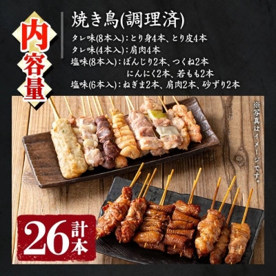 国産鶏肉を使用!調理済 焼き鳥 タレ付き! とり身 とり皮 肩肉 計26本 【庄助】 No.945
