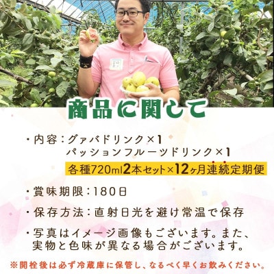 【毎月定期便】驚きの果実感!　宮崎果汁 ドリンク2本セット(グァバ、パッションフルーツ)全12回