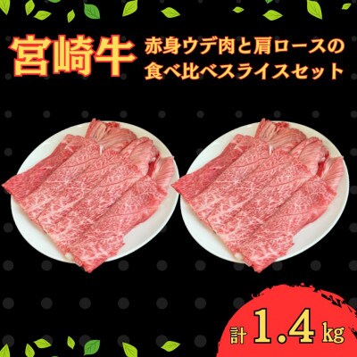 宮崎牛赤身ウデ肉800gと肩ロース600gの食べ比べスライスセット(合計1.4kg)(串間市)