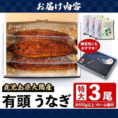 《土用丑の日までに発送!》特大うなぎ蒲焼(有頭)(3尾/計555g以上、タレ、山椒付　B57003