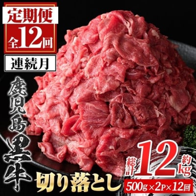 <定期便・全12回>鹿児島黒牛 切り落とし(計約12kg・約500g×2P×12回)　F01001