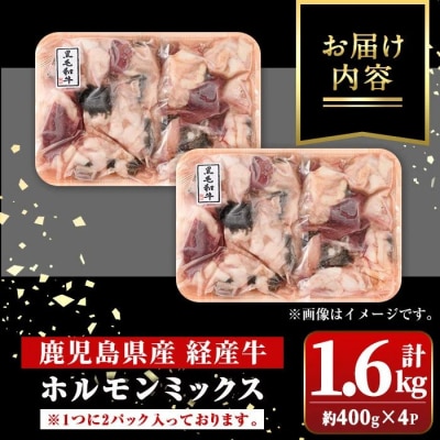 鹿児島県産黒毛和牛<経産牛>ホルモンミックス(計約1.6kg・約400g×4P)　A01032
