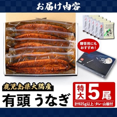 《土用の丑の日までに発送》特大うなぎ蒲焼(有頭)(5尾・計925g以上、タレ、山椒付)　C57004