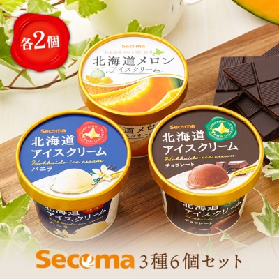 【Secoma】北海道アイスクリーム6個セット 3種×各2個(バニラ・メロン・チョコ)【01106】