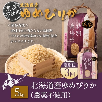 【定期便:3回】特別栽培米 ゆめぴりか玄米 5kg(栽培期間中無化学肥料・農薬不使用)【25138】
