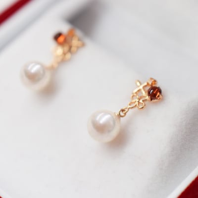 5.5mm-6mmあこや真珠シトリンロードライト ピアス 半貴石 真珠 K18PG_S085-305