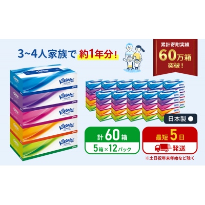 クリネックスティシュー( 5箱 × 12パック入り )ティッシュペーパー[No.5704-0182]