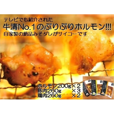 牛清 特製みそダレ Jセット 牛ホルモン200g×2、豚肉×3、鶏肉×2 キャンプやBBQで大活躍