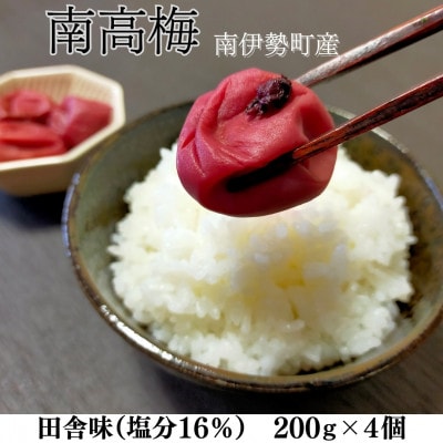 伊勢志摩産 梅干 南高梅 田舎味 200g 4個 無添加 塩分 16% 大粒 ふるさと