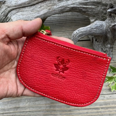 広島ジビエレザー　東広島産天然鹿革　本革ファスナー小銭入れ 　【03レッド】