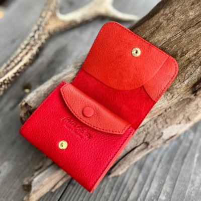 【広島ジビエレザー】カードが飛び出す!コンパクトウォレット【東広島産鹿革&牛革ミニ財布】【キャメル】