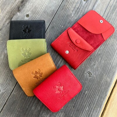 【広島ジビエレザー】カードが飛び出す!コンパクトウォレット【東広島産鹿革&牛革ミニ財布】　【赤】