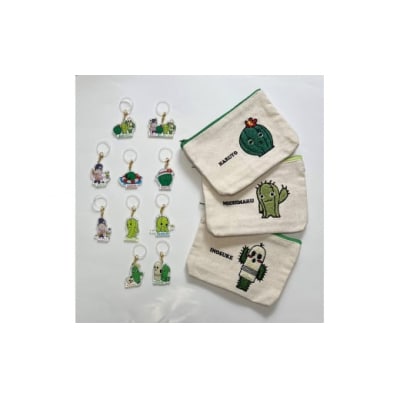 春日井ご当地キャラクターのサガラ刺繡ポーチとめじるしアクセサリーのセット