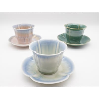 フローラ カップアンドソーサー 3客セット(織部、紫グラデーション、青グラデーション)