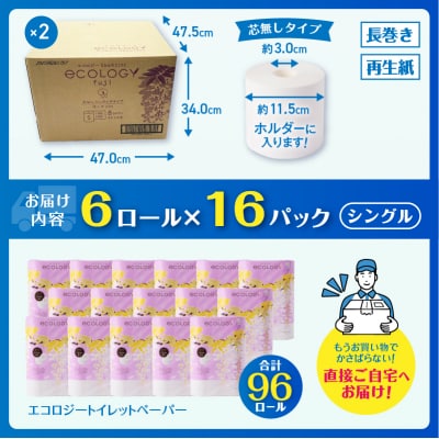 384ロール相当トイレットペーパー エコロジー 96ロール 200m長巻き芯なし 日用品(a1131