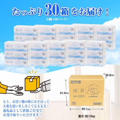 綿雲 うるおい 保湿ボックスティッシュ200組 3箱×10P パルプ100% [sf002-158]