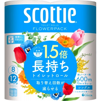 スコッティ　フラワーパック　1.5倍長持ち　8ロール4パック(シングル)(1847)
