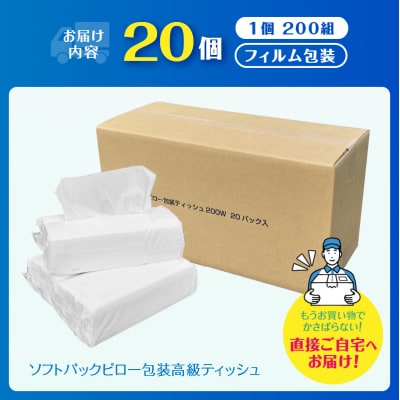 ソフトパックティッシュ ピロ包装 高級ティッシュ 200W20個入 国産日用品[sf002-192]