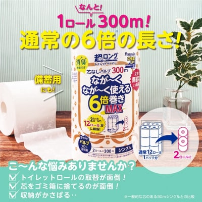 ペンギン芯なし超ロングパルプ300mシングル6倍超長巻トイレットペーパー2R×8パック(a1869)