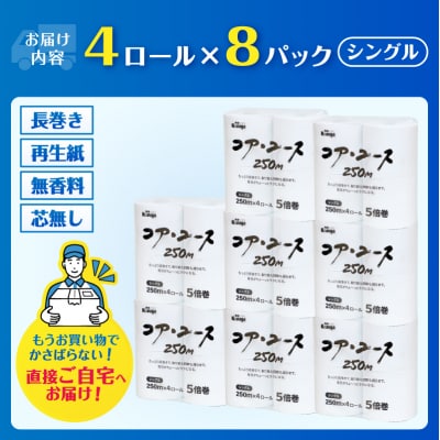 コアユース250 5倍巻き 芯なし シングル 250m 4ロール×8パック