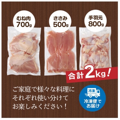 山梨県産<健味鶏>むね肉、ささみ、手羽元　合計2kgセット