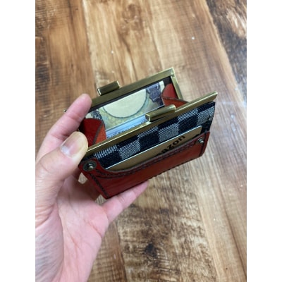 生地と革のがま口財布「デニポケmini」　赤×デニム