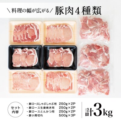 鹿児島県産豚4種類 3kgセット(ロースしゃぶしゃぶ用、生姜焼き用、とんかつ用、豚こま切れ)