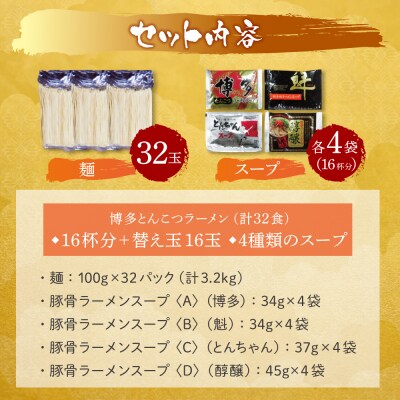 博多とんこつラーメン16杯分と替え玉16玉の計32食分