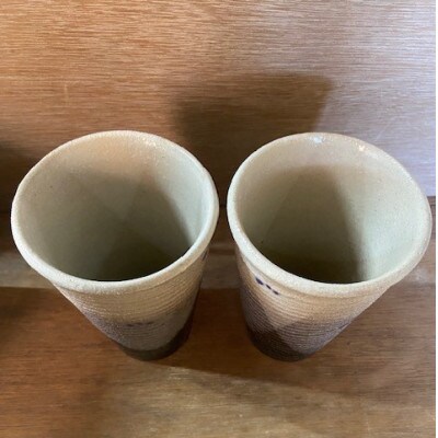 瀬戸焼・窯元　酸化志野釉かけ分け柄　タンブラー　大・中セット