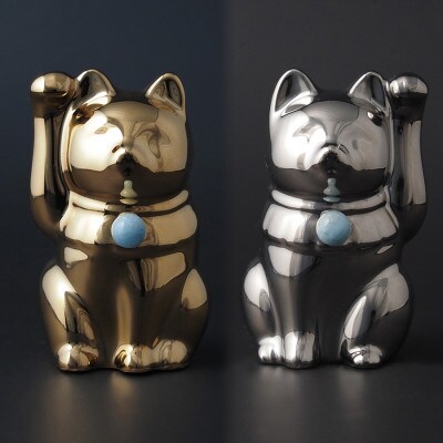 【招き猫】瀬戸焼 Jeramic 2体セット ゴールド&プラチナ ミルキーアクアマリン (3月)