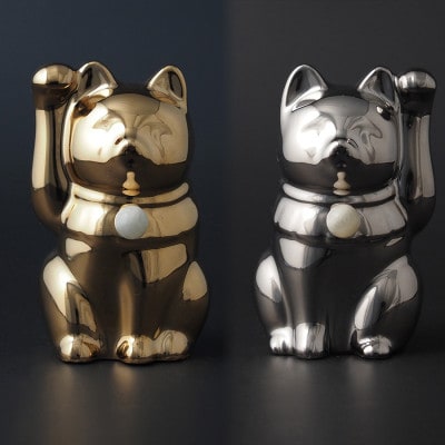 【招き猫】瀬戸焼 Jeramic 2体セット ゴールド&プラチナ ムーンストーン(6月)
