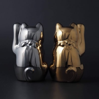 【招き猫】瀬戸焼 Jeramic 2体セット ゴールド&プラチナ ムーンストーン(6月)