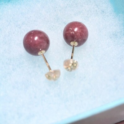 K18 ロードナイト(薔薇輝石)10mm丸珠ピアス(YF-06)