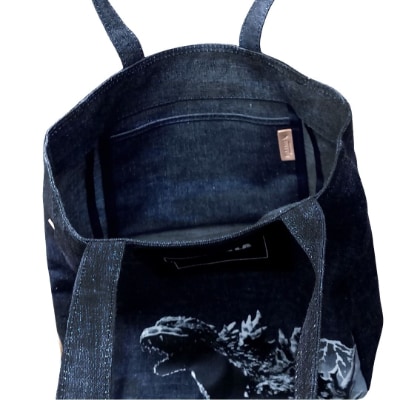 【山梨限定】ゴジラ・縦型コットントートバッグ(インディゴ)　ゴジラと富士山のプリント入り!