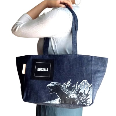 【山梨限定】ゴジラ・横型コットントートバッグ(インディゴ)　ゴジラと富士山のプリント入り!