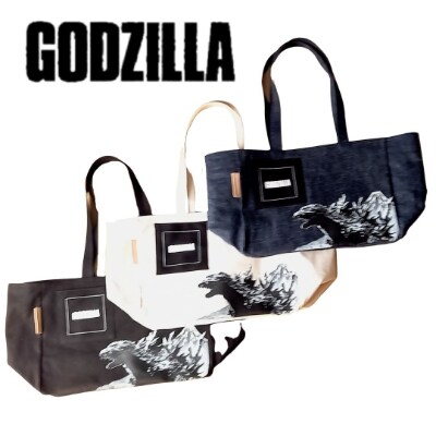 【山梨限定】ゴジラ・横型コットントートバッグ(インディゴ)　ゴジラと富士山のプリント入り!