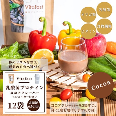 【毎月定期便】Vitafast腸活プロテイン ココア2袋 シェイカー1個付全6回