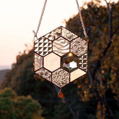 ステンドグラス 蜂の巣 モチーフ  (クリア)  サンキャッチャー 手作り インテリア雑貨  雑貨