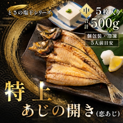 あじの開き 恋あじ 中 5枚入り 500g 高級干物 アジ干物 焼き魚 個包装 冷凍 天日塩 贈答